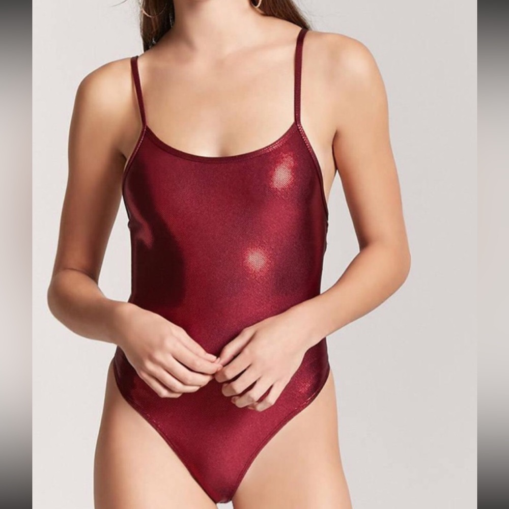 Shimmery Forever 21 Metallic Cami Bodysuit in Burgundy/Red